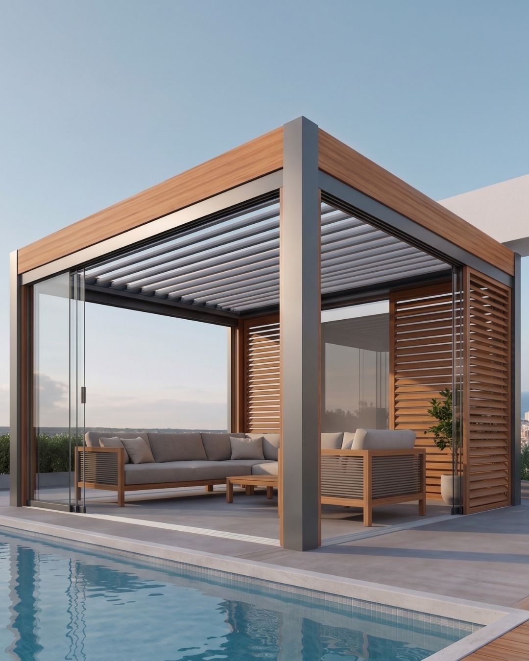 Bahçeye kurulmuş bioklimatik pergola, kanatçıklı alüminyum çatı sistemi