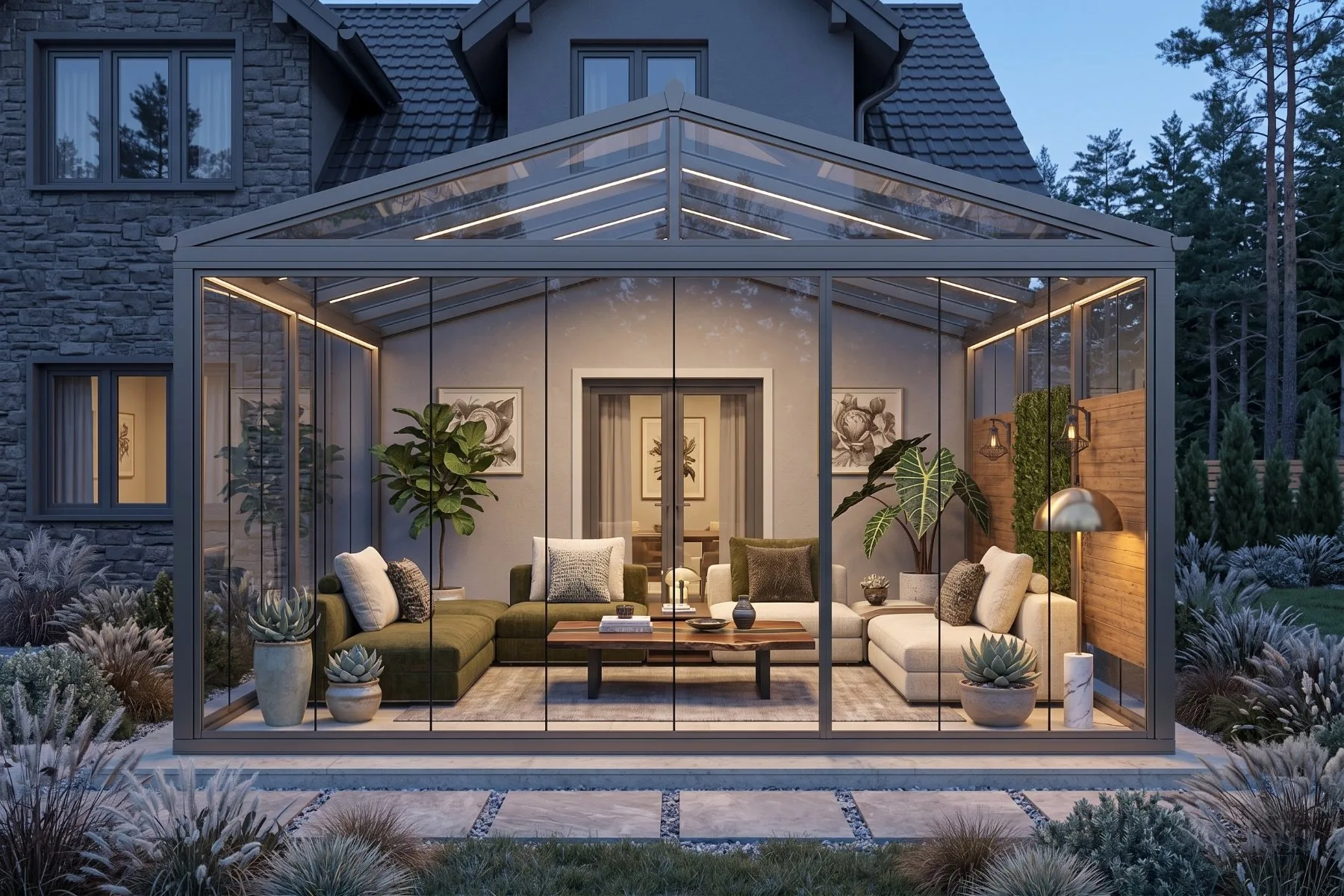 Beşik çatılı bioklimatik pergola modeli — eğimli tavanlı bahçe uygulaması